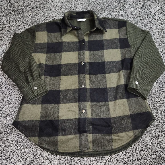 Seve Madden Sophia Shacket /Jacket, pockets Green/ Sage/ Black Plaid Women' Sz L - Picture 2 of 8